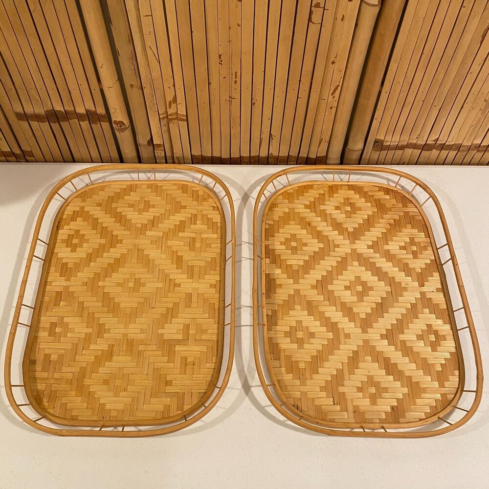 Vintage Bamboo Woven Trays Rectangular Natural Rattan Coastal Boho Organic MCM